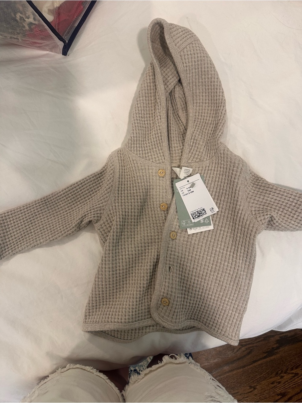 H&M Gray Waffle-Knit Hooded Baby Cardigan with Wooden Buttons - 9-12M